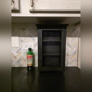 Small black Wood and Chicken Wire Mesh Vegetable Spice Storage Cabinet 17x6.5x5